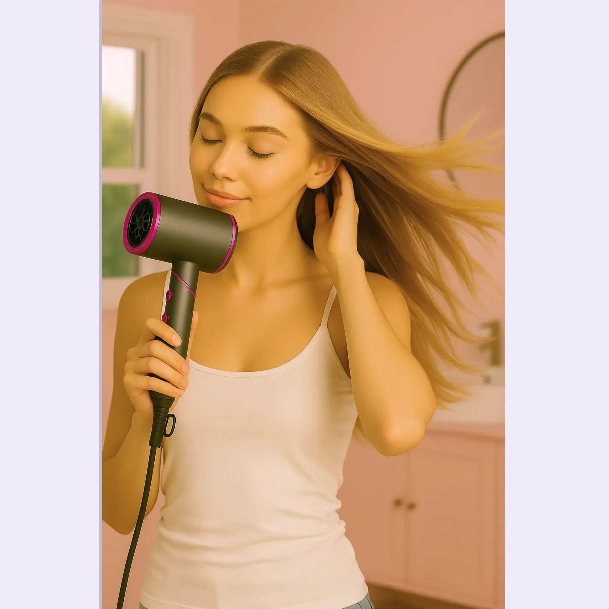 Frau föhnt ihre Haare mit dem Glowaero Föhn von Stylewave – für Volumen und seidige Leichtigkeit