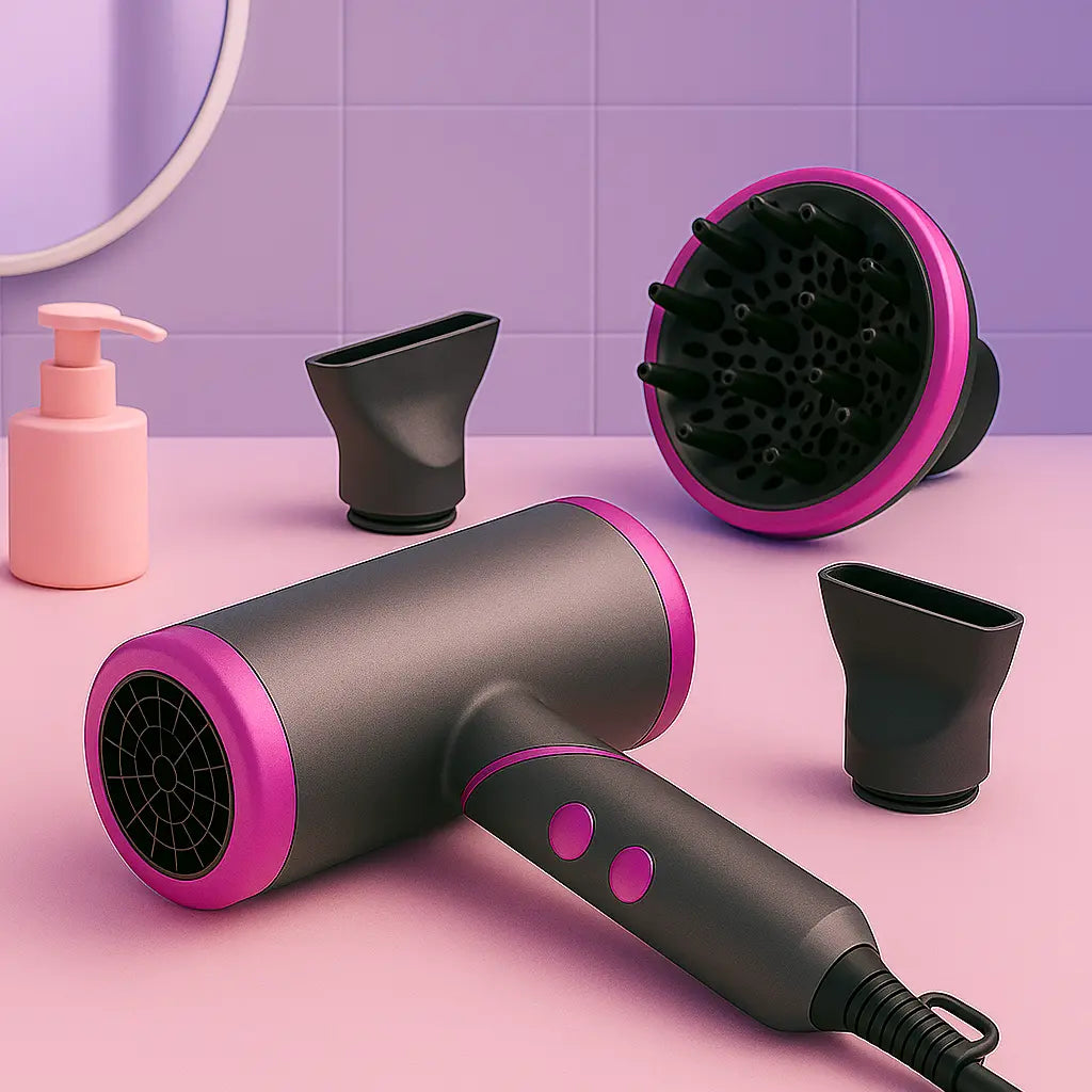 Glowaero Haartrockner mit Aufsätzen auf rosa Badezimmerfläche – Stylewave Designfoto mit modernem Look